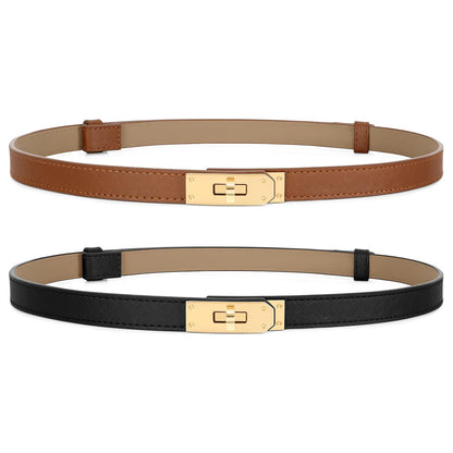 HOT2 Pack Women Skinny Leather Belt for Dresses Jeans Solid Color Alloy Turn Lock