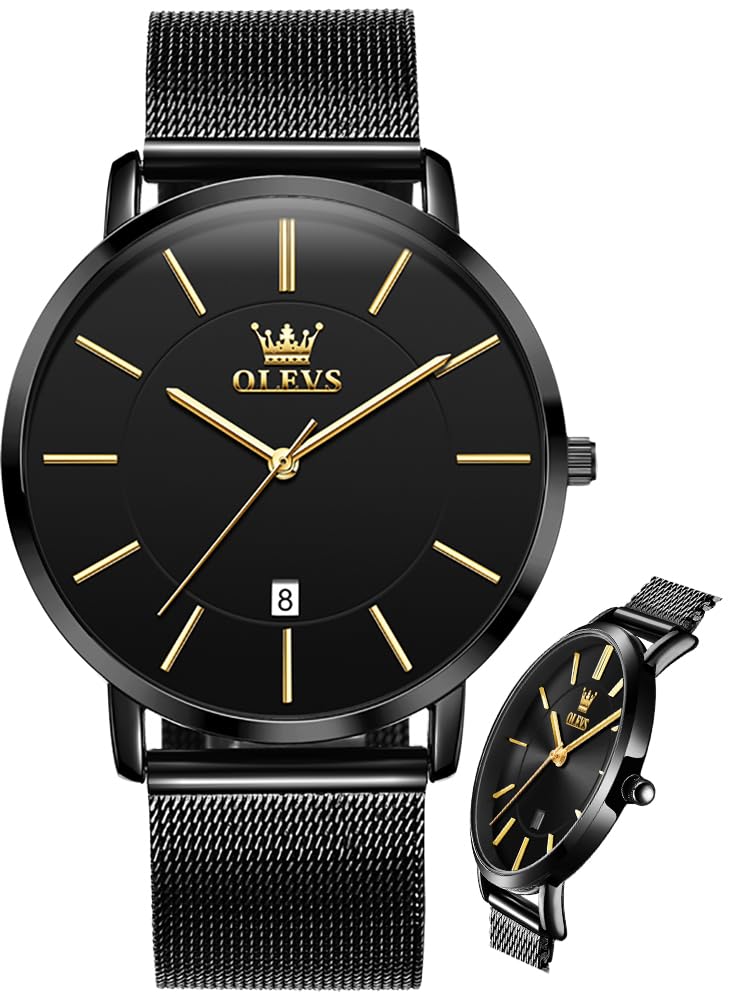 HOTOLEVS Men Leather Watches Black Ultra Thin 6.5mm Minimalist Dress Fashion Simple Casual Waterproof Date Watch for Men