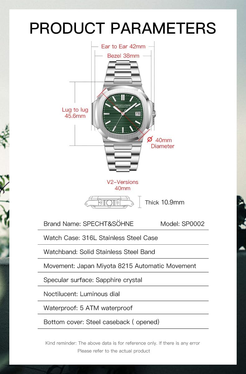 HOTSpecht & Söhne Mens Mechanical Watch Automatic Sapphire Crystal Watches for Men 40MM Japan Miyota 8215 Movement 50MWaterproof