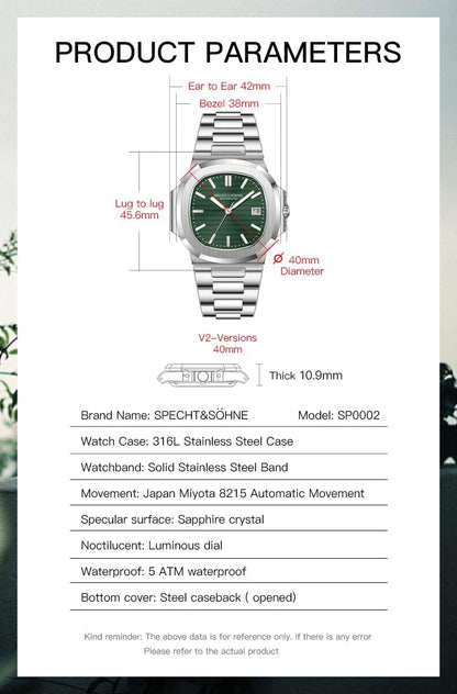 HOTSpecht & Söhne Mens Mechanical Watch Automatic Sapphire Crystal Watches for Men 40MM Japan Miyota 8215 Movement 50MWaterproof