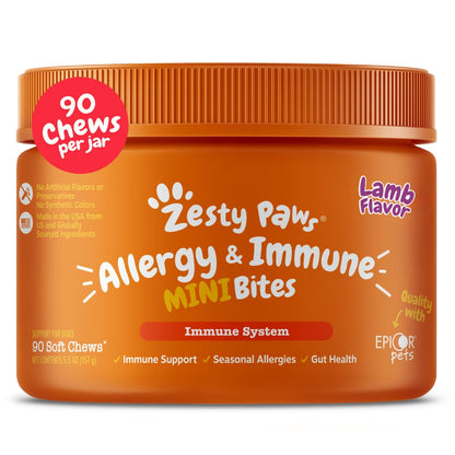 HOTZesty Paws Allergy Immune Bites - Dog Allergy Chews, Dog Probiotics for Itchy Skin and Ears, Peanut Butter, 90ct