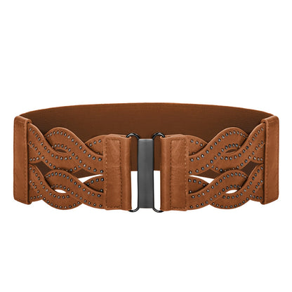 HOTGRACE KARIN Wide Belts for Women Elastic Waist Belt | 3 inch wide stretchy waistband, Woven design, Golden buckle, For dresses skirt, Vintage casual boho western style