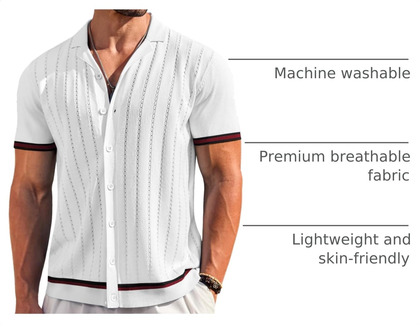 HOTCOOFANDY Men's Short Sleeve Knit Shirt Casual Button Down Shirt Vintage Striped Knitted Golf Beach Tops