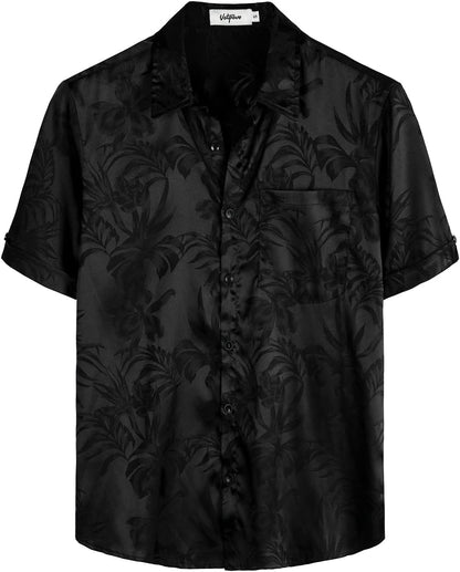 HOTVATPAVE Mens Silk Satin Hawaiian Shirt Short Sleeve Button Down Shirts | Hawaii, Summer, Beach, Vacation, Tropical, Resort Wear, Jacquard, Going Out, Rave, Cool, Club, Floral, Holiday, with Pocket