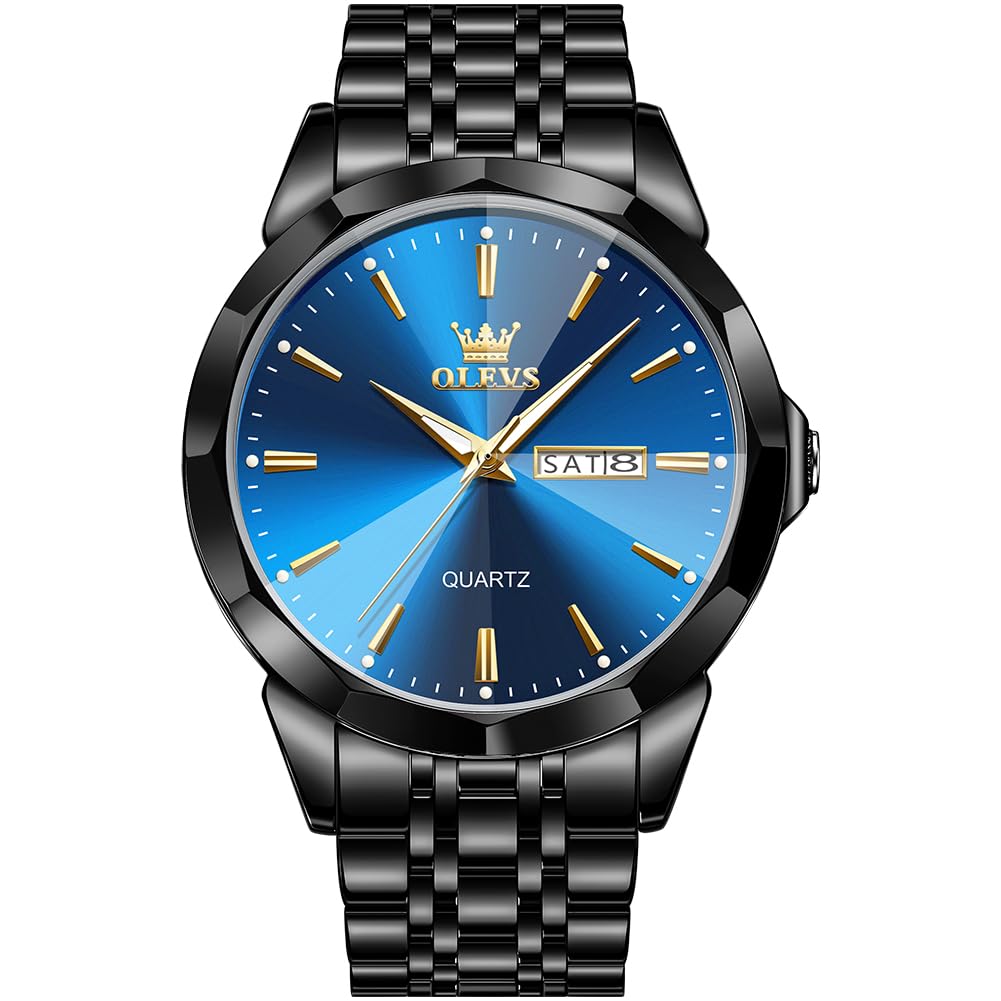HOTOLEVS Watch for Men Diamond Business Dress Analog Quartz Stainless Steel Waterproof Luminous Date Two Tone Luxury Casual Wrist Watch Blue