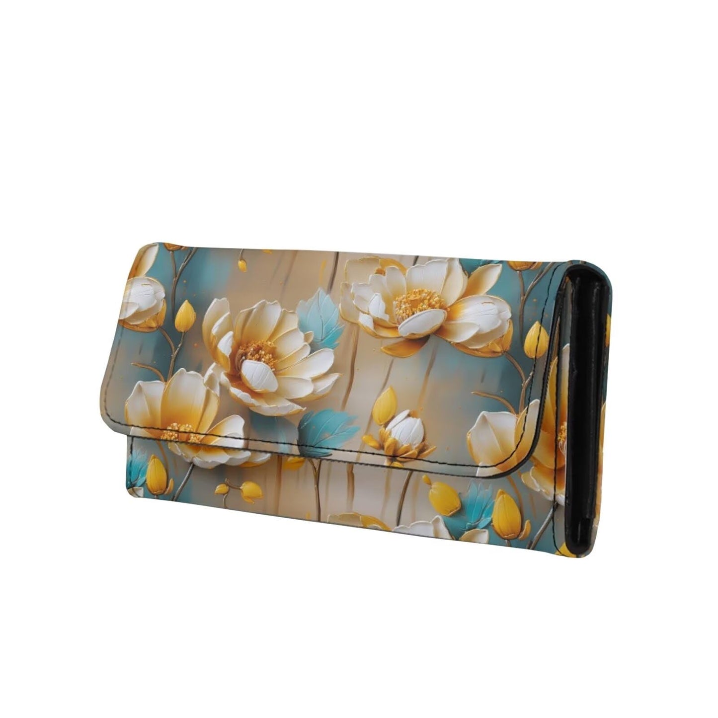 HOTPainting Iris Long Wallets for Women PU Leather Ladies Billfold Wallet,Snap Closure, Purple White Yellow Flowers Trifold Clutch Checkbook Purse with Zipper Pocket