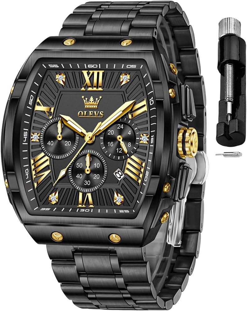 HOTOLEVS Mens Watches Analog Quartz Chronograph Square Dress Watch for Man Stainless Steel or Leather Band Waterproof Luminous Date Male Watch