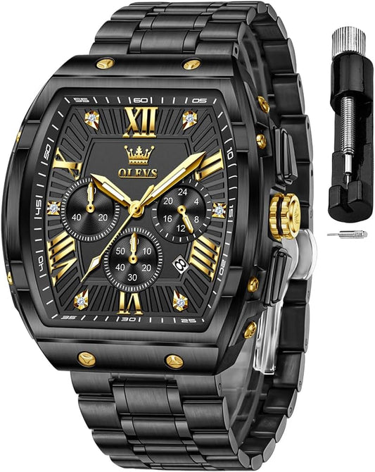 HOTOLEVS Mens Watches Analog Quartz Chronograph Square Dress Watch for Man Stainless Steel or Leather Band Waterproof Luminous Date Male Watch