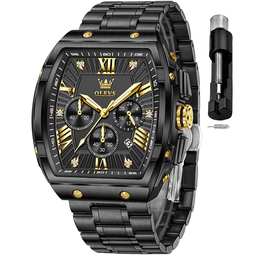 HOTOLEVS Mens Watches Analog Quartz Chronograph Square Dress Watch for Man Stainless Steel or Leather Band Waterproof Luminous Date Male Watch