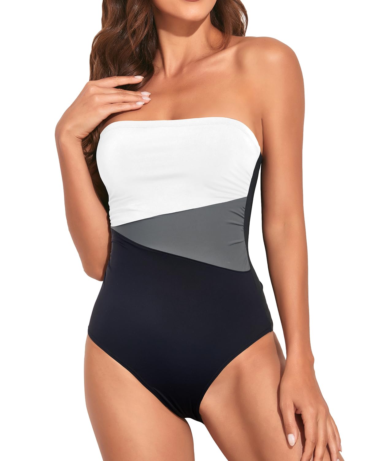 HOTHolipick Women Tummy Control One Piece Swimsuits Strapless Swimwear | Chic Bandeau, Ruched Front, Full Coverage, Push Up Removable Pads, Removable Halter Straps, Beach Pool Resort