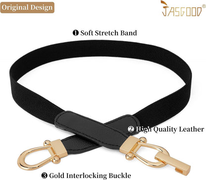 HOTJASGOOD Women Skinny Elastic Belt for Dresses,Thin Retro Stretch Waist Belt with Golden Buckle