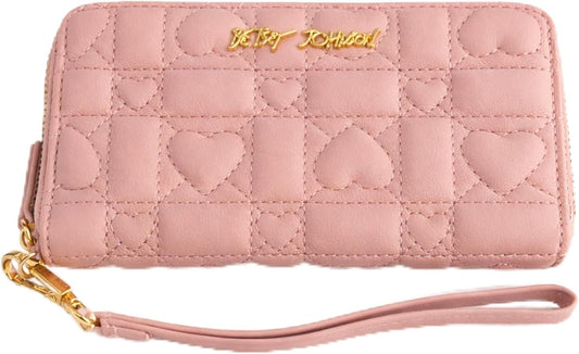 HOTBetsey Johnson Women’s Zip Around Wallet with Quilted Heart Design & Wristlet Strap (Pink)