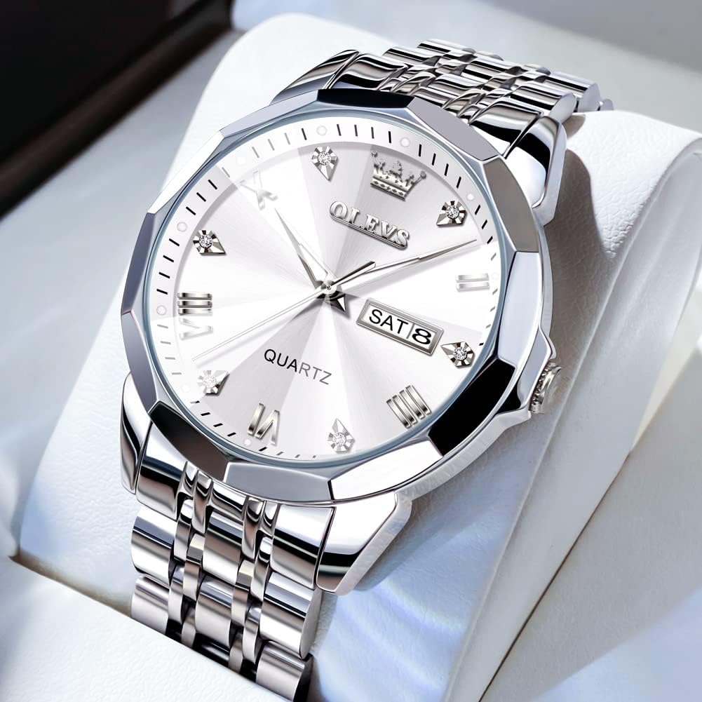 HOTOLEVS Watch for Men Diamond Business Dress Analog Quartz Stainless Steel Waterproof Luminous Date Two Tone Luxury Casual Wrist Watch Blue