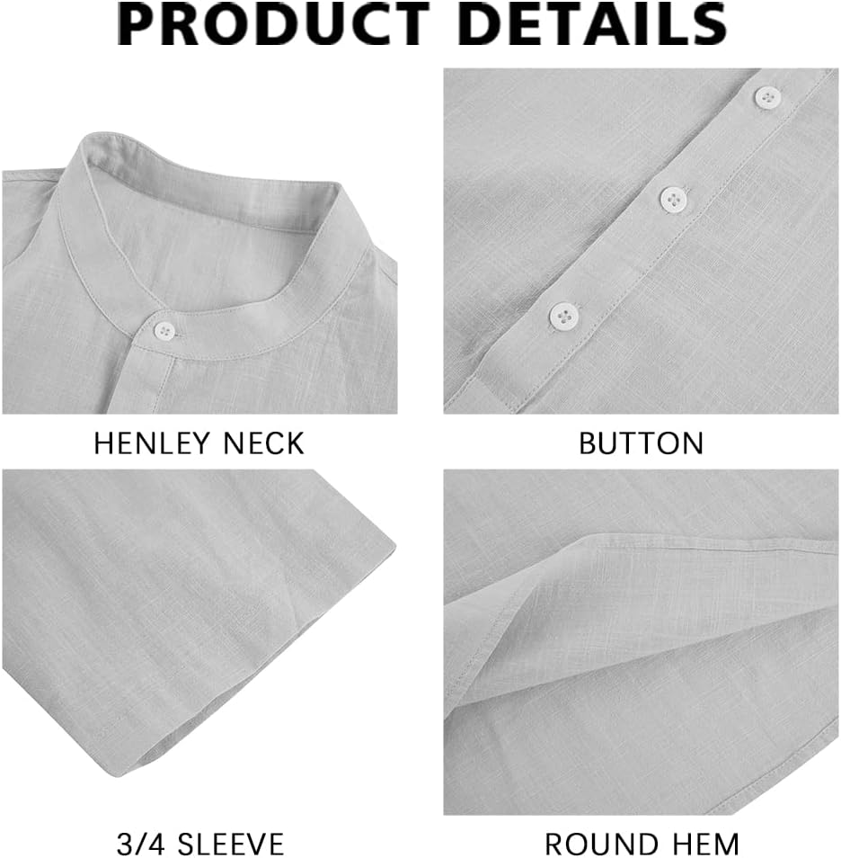 HOTRyannology Mens Linen Shirts Casual Cotton 3/4 Sleeve Regular-Fit Henley T-Shirt Summer Lightweight Beach Yoga Tops