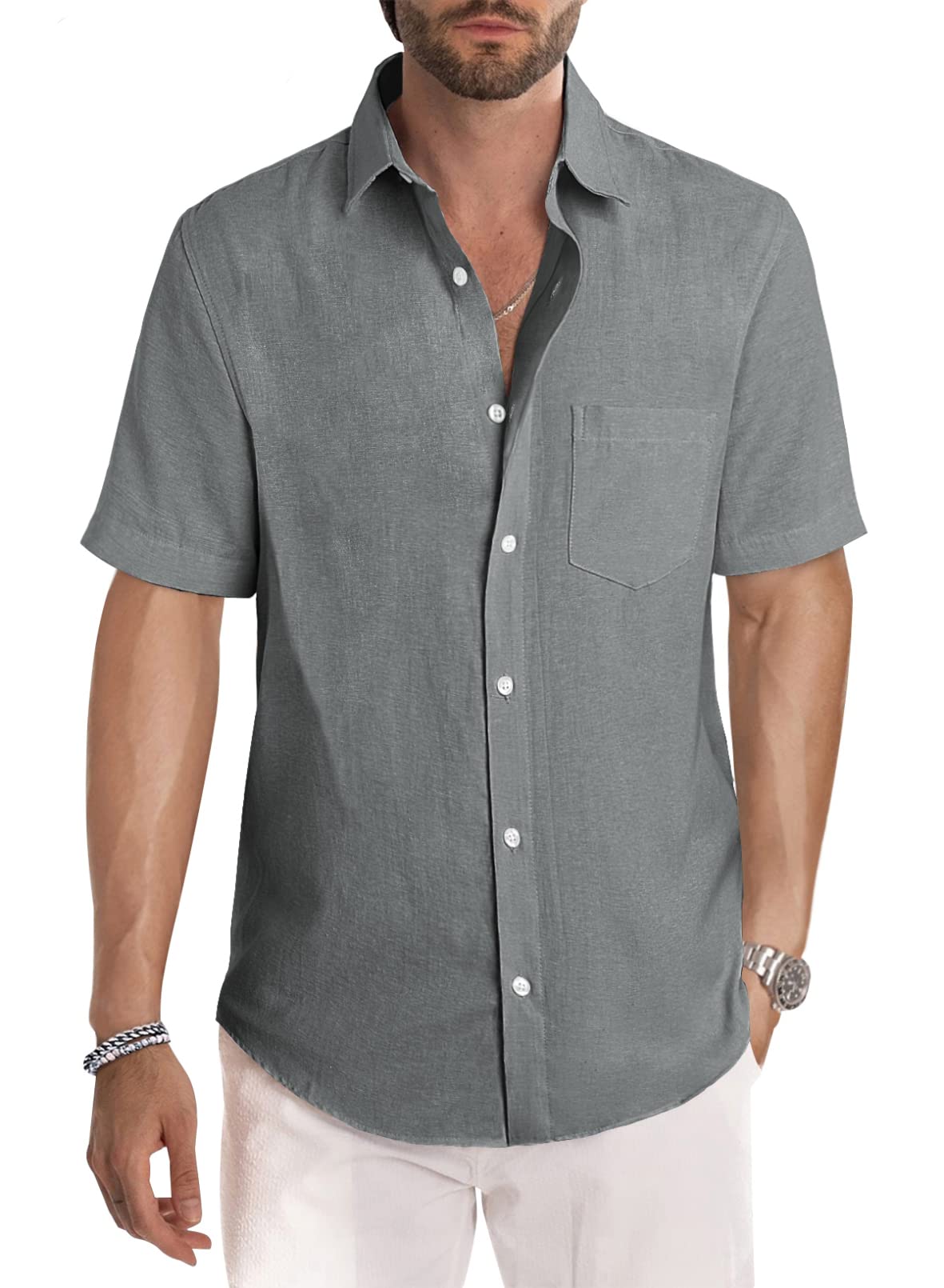 HOTJMIERR Men's Casual Stylish Short Sleeve Button-Up Striped Dress Shirt Cotton Beach Shirts