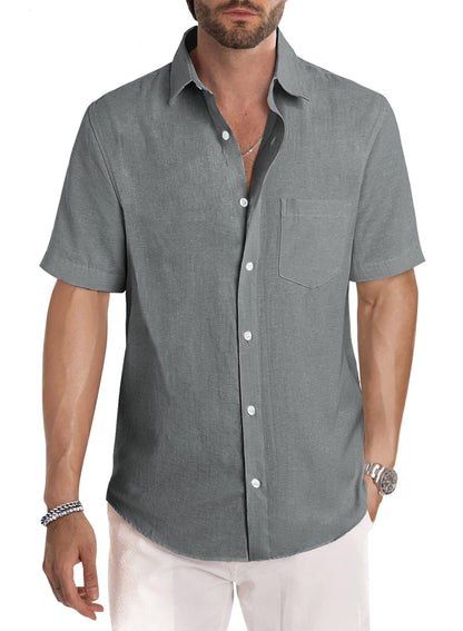 HOTJMIERR Men's Casual Stylish Short Sleeve Button-Up Striped Dress Shirt Cotton Beach Shirts