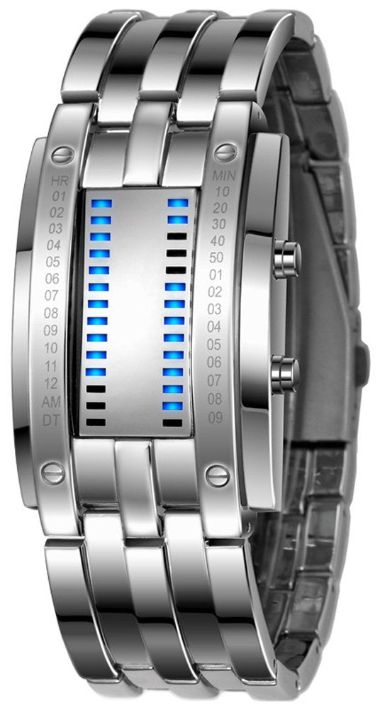 HOTFANMIS Creative Mens Binary Matrix Blue LED Digital Watch Fashion Classic Black Plated Waterproof LED Backlight Bracelet Watches