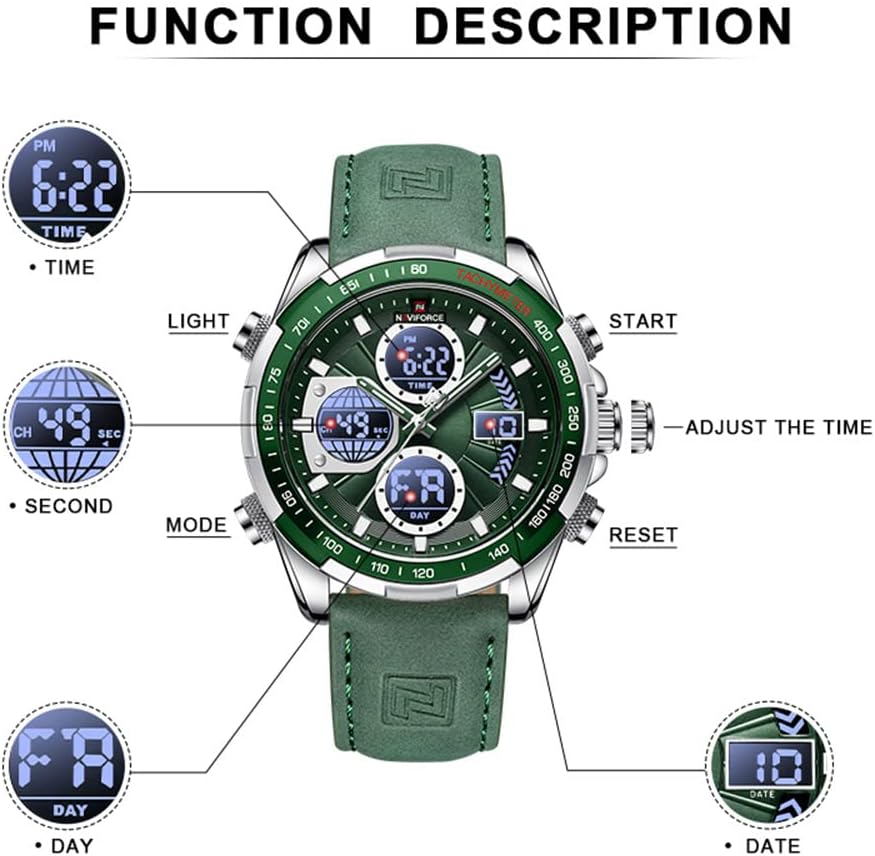 HOTNAVIFORCE Men's Military Digital Watches Analog Quartz Waterproof Watch Sport Multifunctional Leather Wristwatch