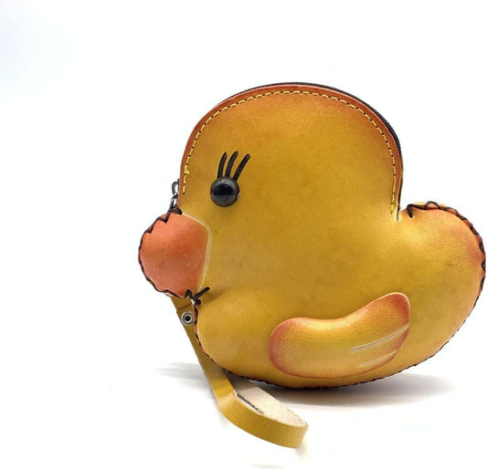HOTHandmade Vintage Genuine Leather 3D Animal Yellow Duck Coin Purse with Removable wrist strap