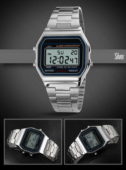 HOTPASOY Men's Digital Gold Stainless Steel Watch Backlit Multifunction Stopwatch Waterproof Sport Watches