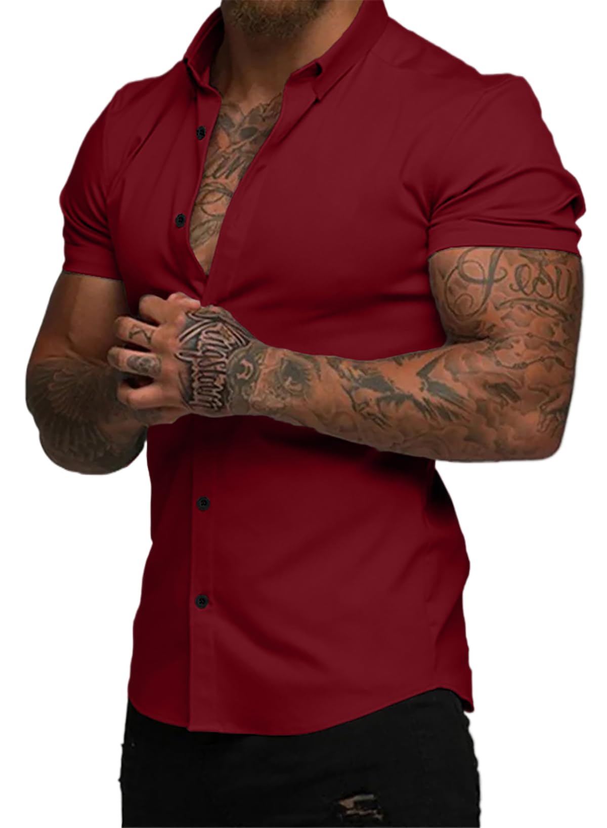 HOTJMIERR Men's Muscle Fit High Stretch Wrinkle-Free Button Down Dress Shirts Summer Casual Short Sleeve Shirt