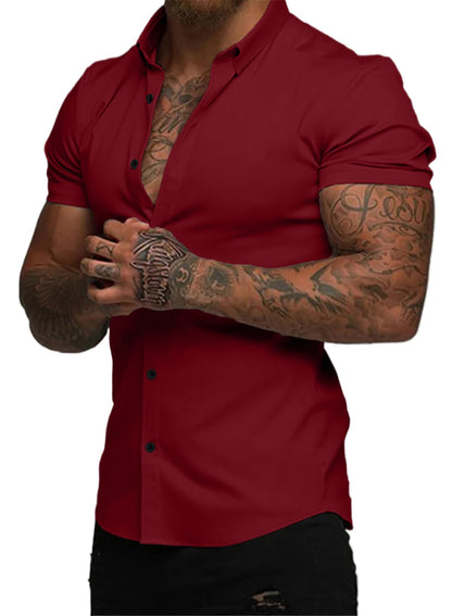HOTJMIERR Men's Muscle Fit High Stretch Wrinkle-Free Button Down Dress Shirts Summer Casual Short Sleeve Shirt
