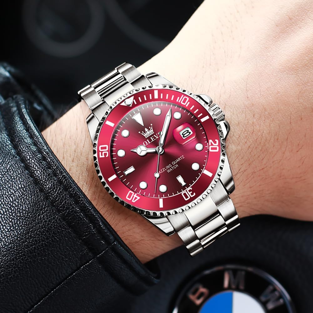 HOTOLEVS Mens Red Watch Luxury Classic Dress Silver Stainless Steel Watches | Red Watches for Men Analog Quartz Waterproof Luminous Big Face Elegant Nice Male Watch With Date Relojes De Hombre