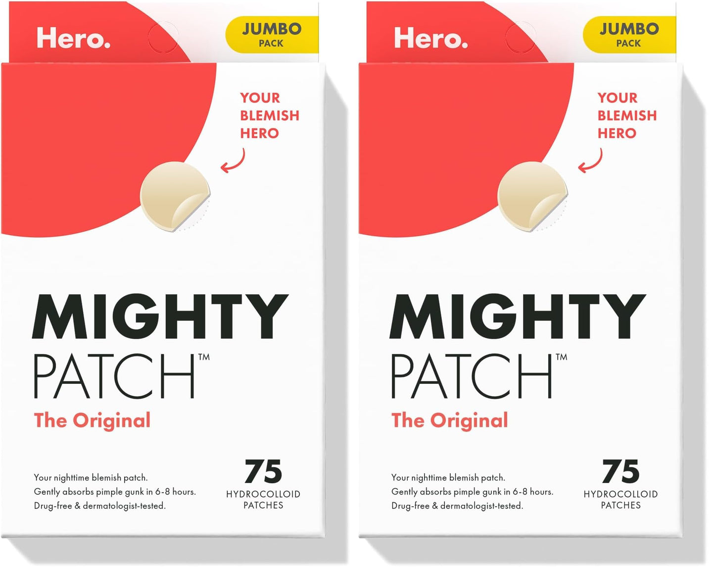 HOTHero Cosmetics Mighty Patch Original Nighttime Acne Pimple Patches, 75 Ct | #1 Hydrocolloid Acne Patches, Shrinks Zits & Whiteheads in 1 Use, Spot Treatment Pimple Stickers for Face