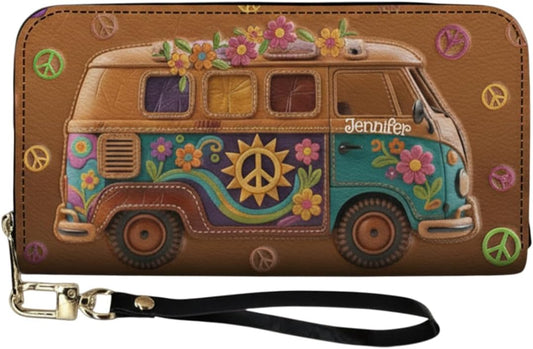 HOTFloral Hippie Van - Personalized Hippie Leather Long Wallet