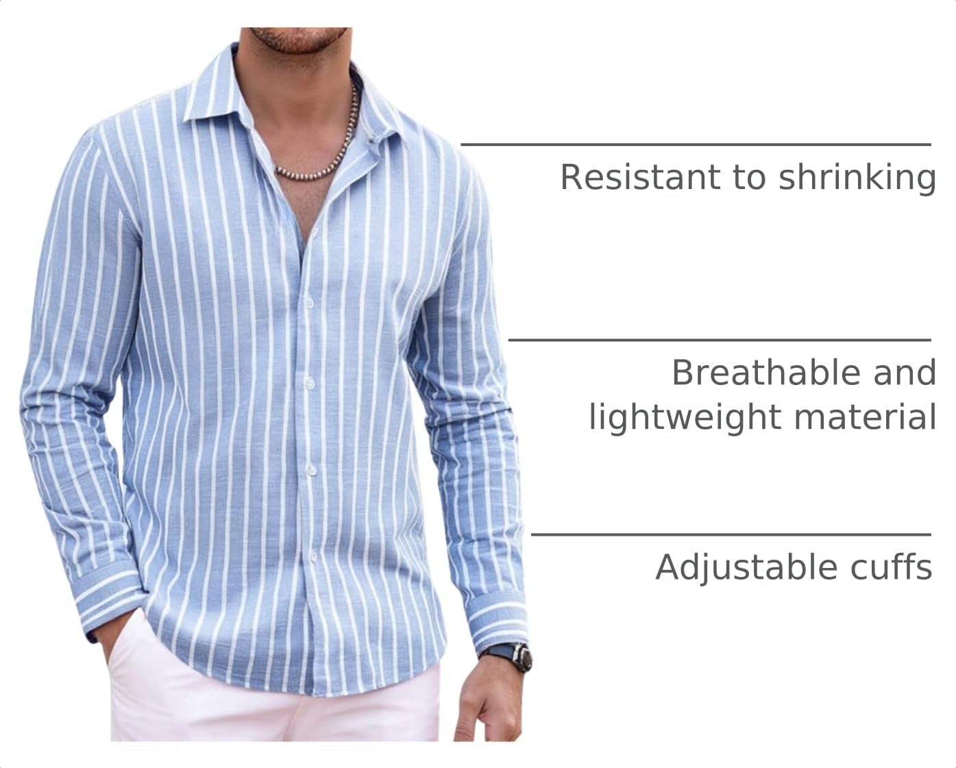 HOTAlex Vando Mens Linen Shirts Long Sleeve Button Down Striped Beach Shirt | Breathable Skin-Friendly Anti-Shrink Fabric, Classic Stripes For Casual Style, All-Day Comfort, Easy Care