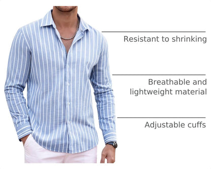 HOTAlex Vando Mens Linen Shirts Long Sleeve Button Down Striped Beach Shirt | Breathable Skin-Friendly Anti-Shrink Fabric, Classic Stripes For Casual Style, All-Day Comfort, Easy Care