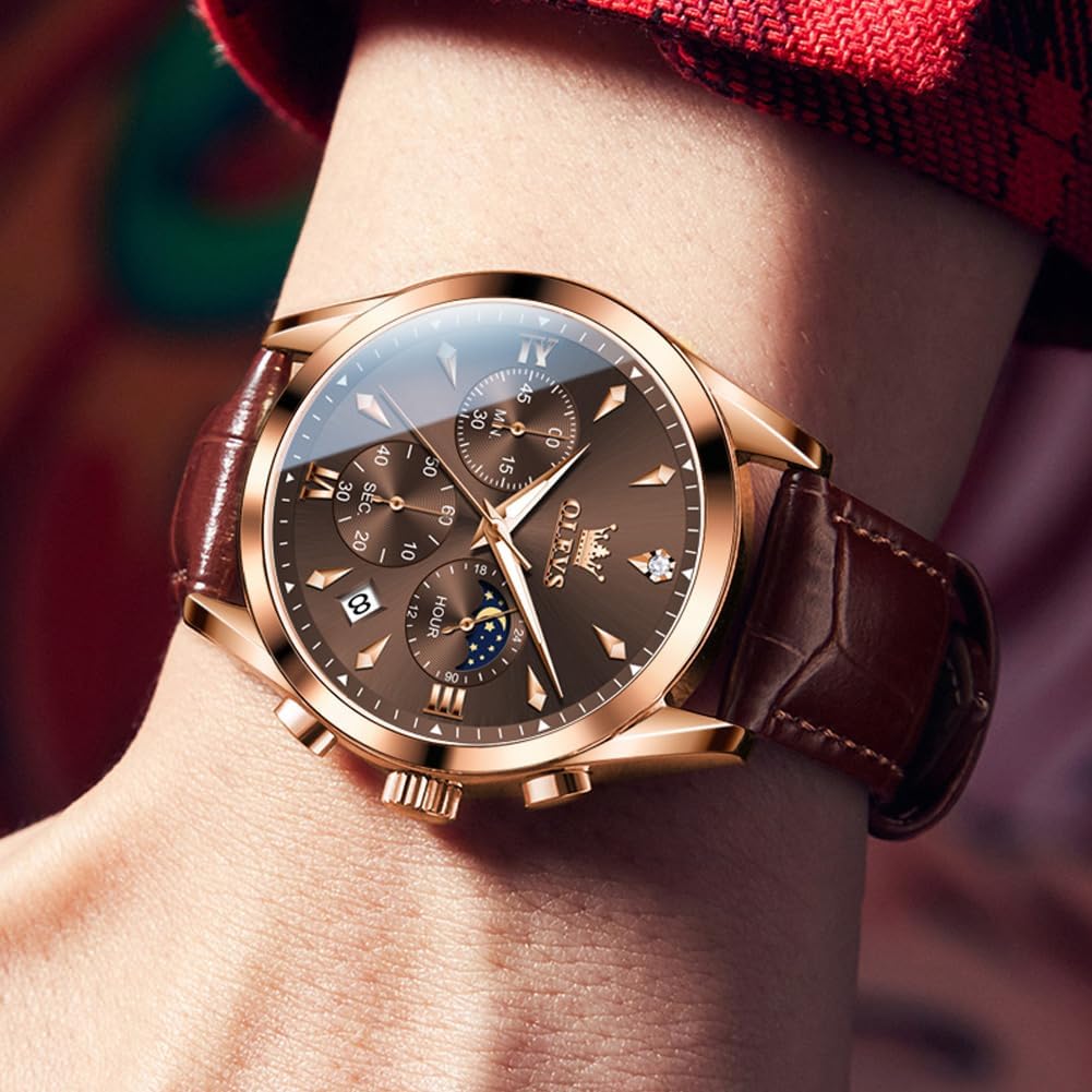 HOTOLEVS Men's Leather Analog Quartz Watch - Luxury Chronograph Wristwatch with Date, Waterproof, Luminous - Dress Style