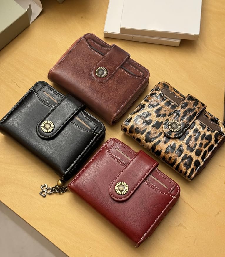 HOTWallet Women RFID Blocking Leather with Zipper Coin Pocket, Compact Small Wallet with Cash Section,8 Credit Card Holder,2 ID Window (Leopard)