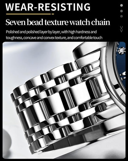 HOTOLEVS Watch for Men Diamond Business Dress Analog Quartz Stainless Steel Waterproof Luminous Date Two Tone Luxury Casual Wrist Watch Blue