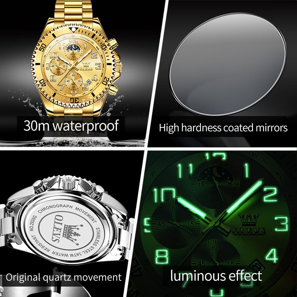 HOTOLEVS Watches Men Waterproof Luxury Big Face Mens Watch Stainless Steel Day Date Quartz Analog Dress Watches for Men Luminous Reloj para Hombres (Green/Blue/Black/Gold)