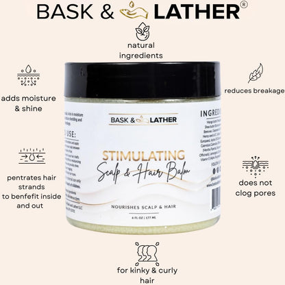 HOTBask & Lather Stimulating Scalp and Hair Balm for Hair Growth, Mango & Shea Butter, Nourishing Jojoba Oil, Peppermint & Rosemary Oil, Vitamin E, Scalp Care, Hair Care, Moisture, Shine & Strength, 6 oz