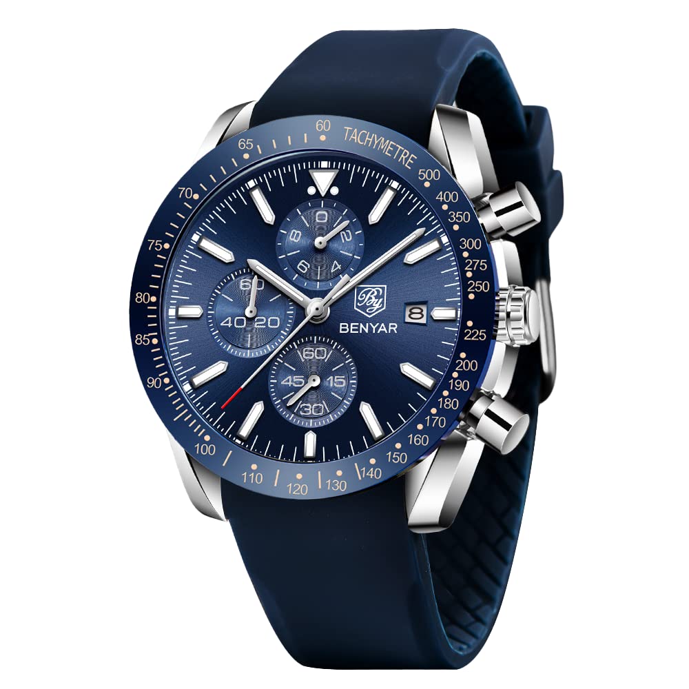 HOTBENYAR Watch for Men Analog Quartz Chronograph Waterproof Luminous Designer Mens Wrist Watches Business Work Sport Casual Dress Watch with Silicone Strap Elegant Gifts for Men