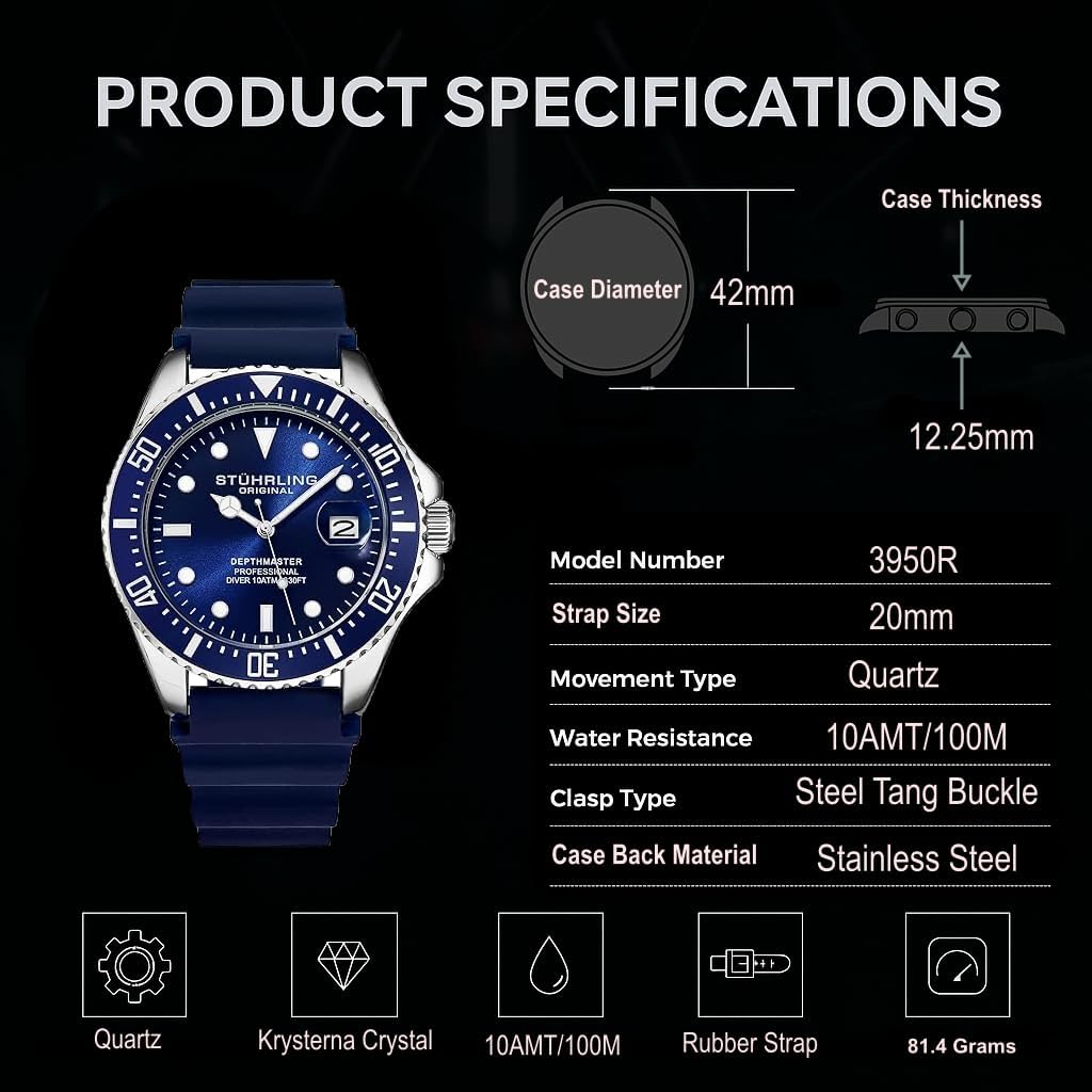 HOTStuhrling Original Men's Watch Dive Watch Silver 42 MM Case with Screw Down Crown Rubber Strap Water Resistant to 330 FT