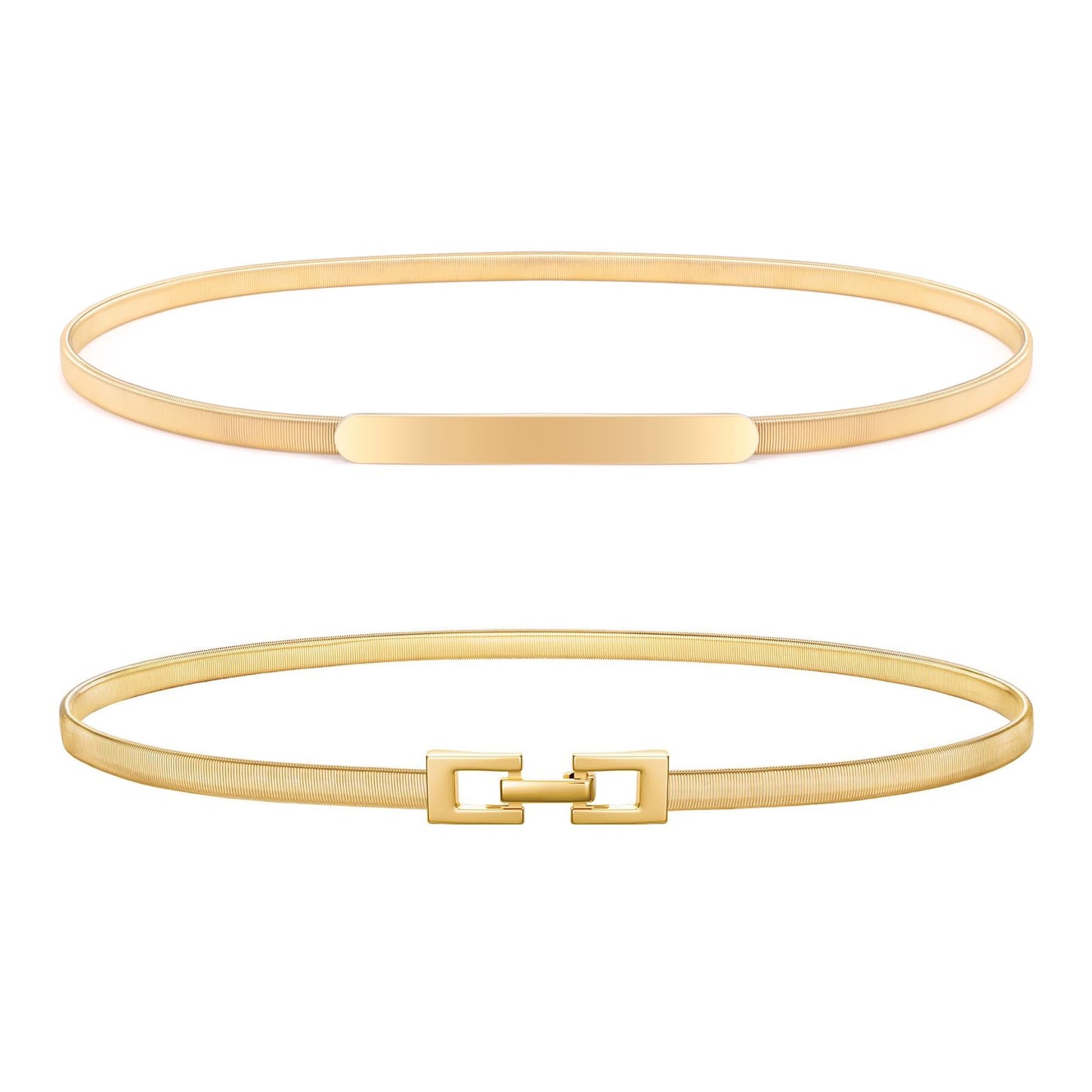HOTXZQTIVE 2 Pieces Women Skinny Metal Chain Waist Belt Stretchy Saree Cinch Belt for Dress Gold Sliver