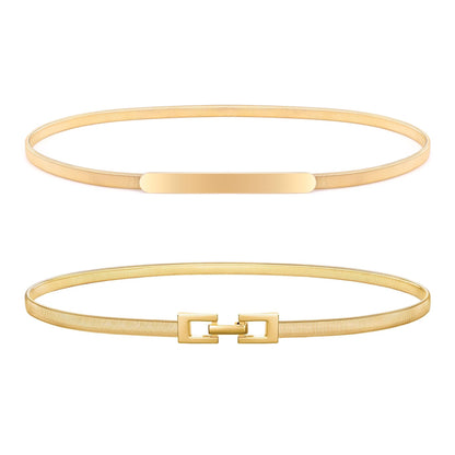 HOTXZQTIVE 2 Pieces Women Skinny Metal Chain Waist Belt Stretchy Saree Cinch Belt for Dress Gold Sliver