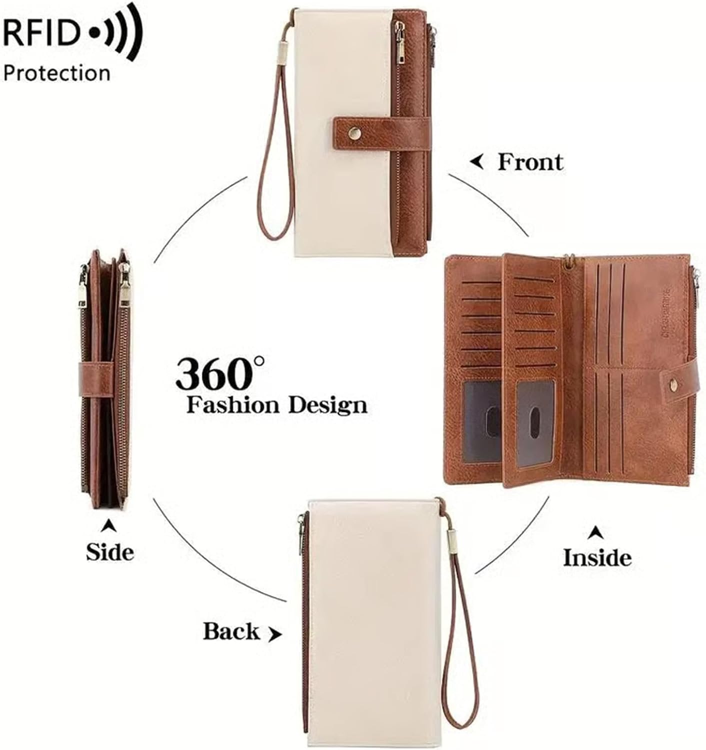 HOTWomen's Long Wallet, Stylish Clutch, Elegant Solid Color RFID Blocking Wallet, Large Capacity Bifold Zipper Card Case Organizer with Wrist Strap, ID Window, Ladies Gift Woman (Brown)