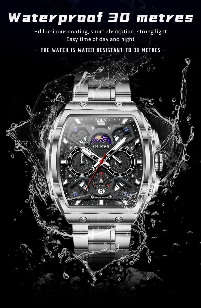 HOTOLEVS Men Watches Business Dress Chronograph Big Square Quartz Analog Male Watch Silicone Strap Waterproof Date Gift Mens Wrsit Watch Silver