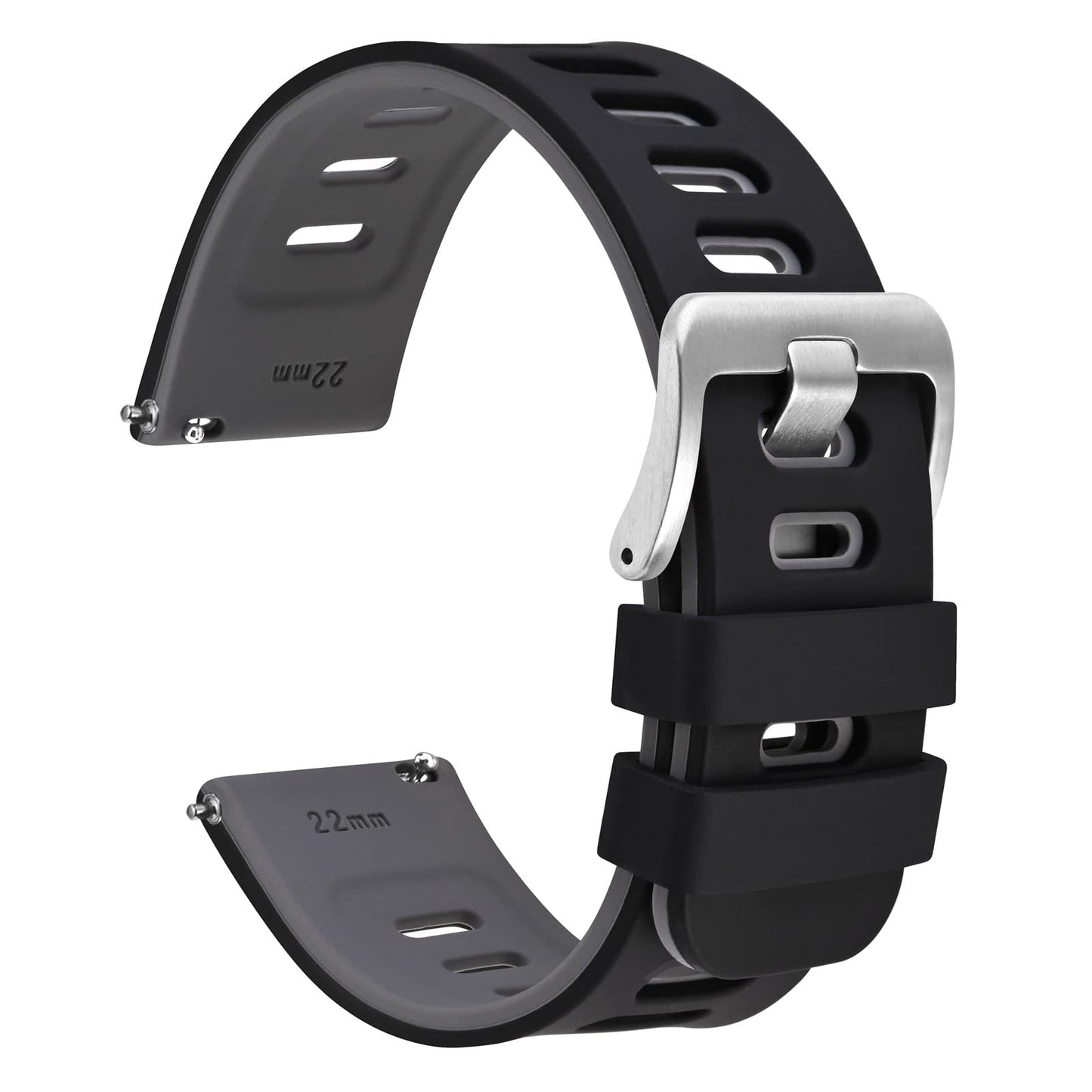 HOTWOCCI 22mm Bicolor Watch Band, Silicone Rubber, Quick Release Replacement Strap for Men and Women, Black Stainless Steel Buckle (Black-Orange)