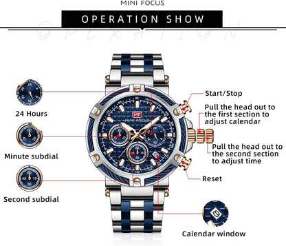 HOTMF MINI FOCUS Business Men Watches (Chronograph/Waterproof/Luminous/Calendar/24 Hours) Big Face Stainless Steel Band Watches for Men