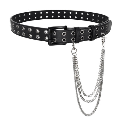 HOTBELTROAD Double Grommet Studded Belt with Detachable Chain Goth Belt for Men Women Punk Rock Metal for Jeans Pants