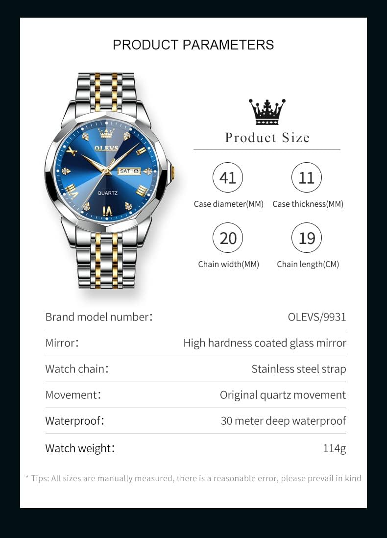 HOTOLEVS Watch for Men Diamond Business Dress Analog Quartz Stainless Steel Waterproof Luminous Date Two Tone Luxury Casual Wrist Watch Blue