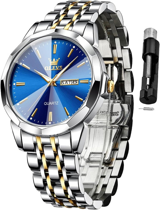 HOTOLEVS Watch for Men Diamond Business Dress Analog Quartz Stainless Steel Waterproof Luminous Date Two Tone Luxury Casual Wrist Watch Blue