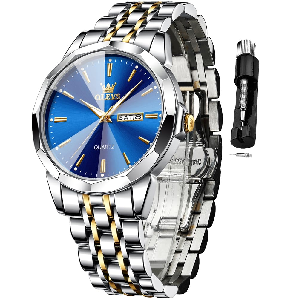 HOTOLEVS Watch for Men Diamond Business Dress Analog Quartz Stainless Steel Waterproof Luminous Date Two Tone Luxury Casual Wrist Watch Blue