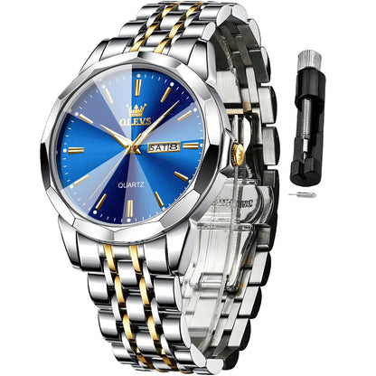 HOTOLEVS Watch for Men Diamond Business Dress Analog Quartz Stainless Steel Waterproof Luminous Date Two Tone Luxury Casual Wrist Watch Blue