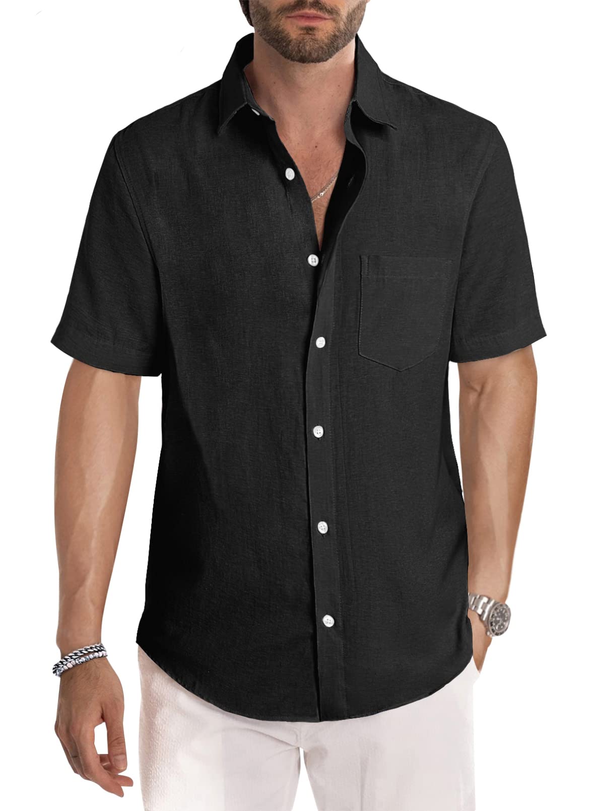 HOTJMIERR Men's Casual Stylish Short Sleeve Button-Up Striped Dress Shirt Cotton Beach Shirts
